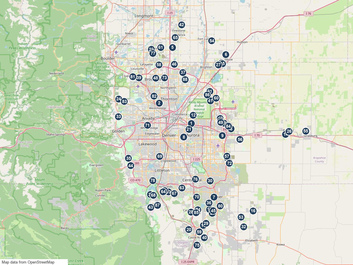 Map of new construction builders in the Denver metro with numbered pins for each builder and city