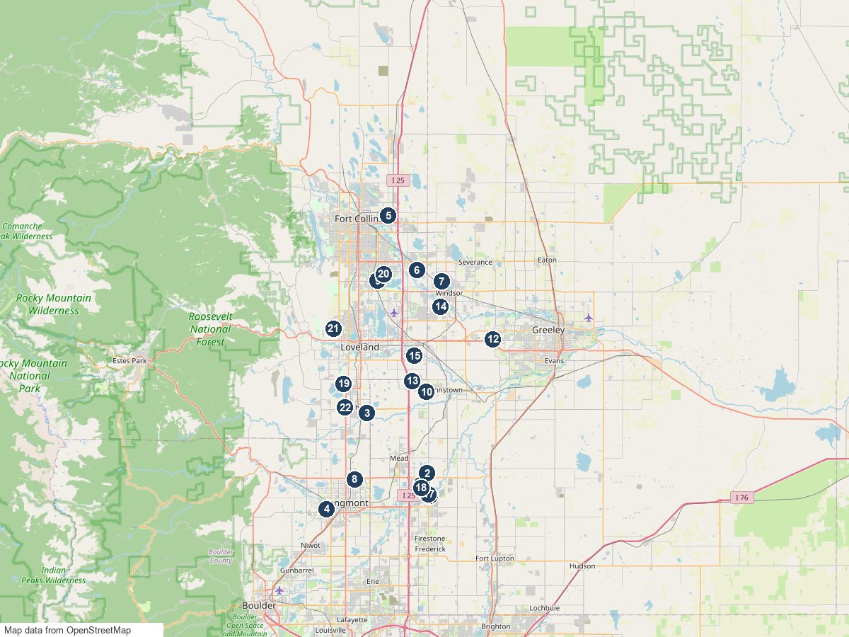 Map of new construction builders in the Northern Colorado with numbered pins for each builder and city
