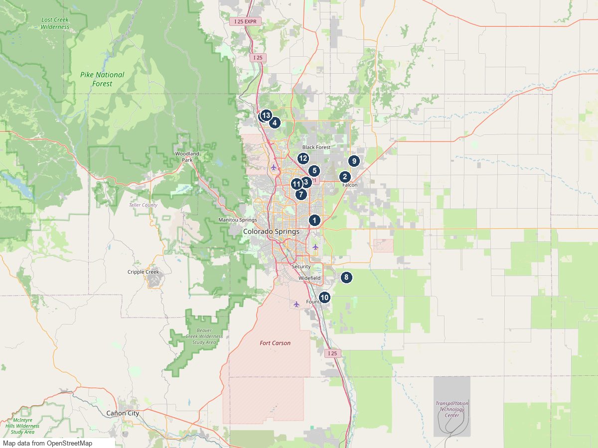 Map of new construction builders in the Colorado Springs and the Pikes Peak region with numbered pins for each builder and city