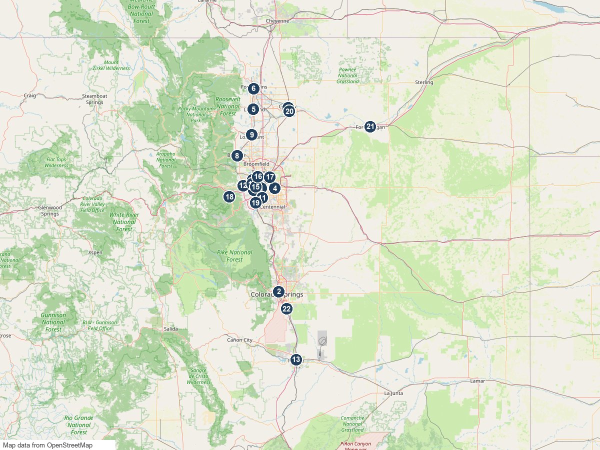 Map of Colorado cities with income properties for sale, numbered by count