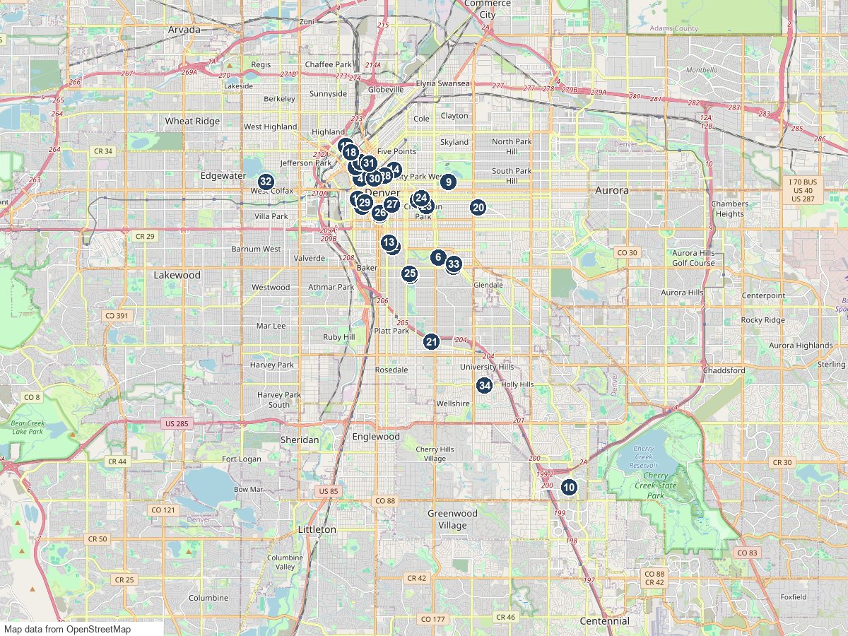 Map of high-rise condo buildings across Denver with numbered pins