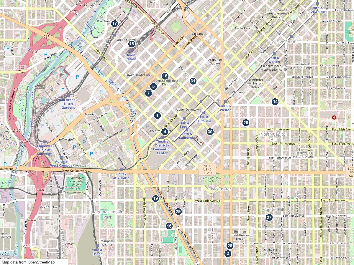 Map of downtown Denver high-rise condo buildings with numbered pins