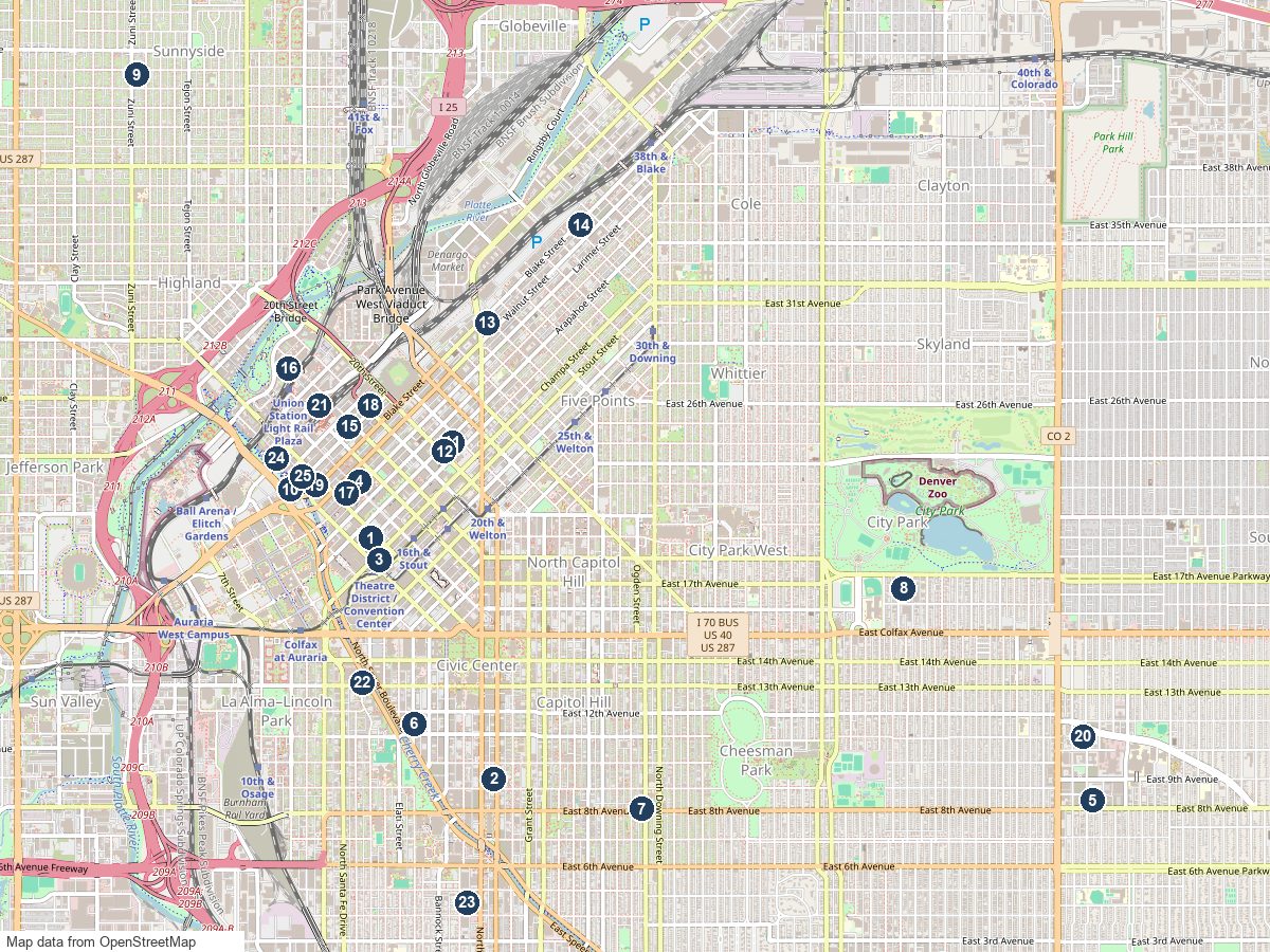 Map of downtown Denver loft buildings with a loft for sale, numbered by building