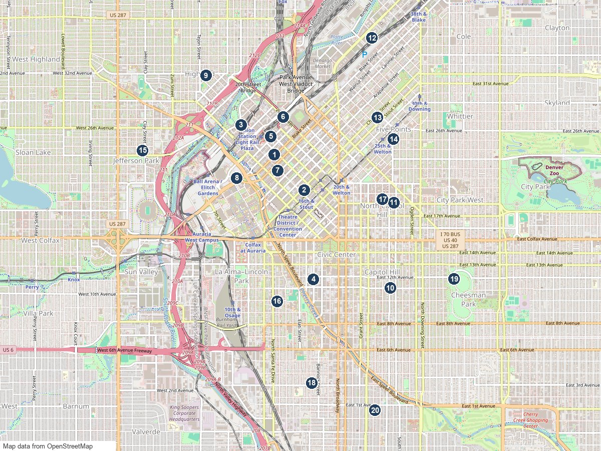 Map of downtown Denver neighborhoods with numbered pins for LoDo, Union Station, Riverfront Park, the Golden Triangle, Ballpark, Capitol Hill, Uptown, RiNo, Five Points, LoHi and more
