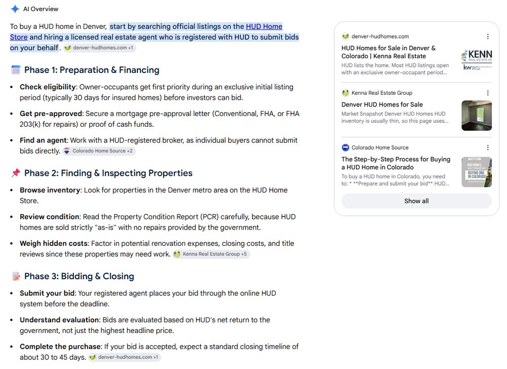 Google AI Overview citing denver-hudhomes.com and Kenna Real Estate Group