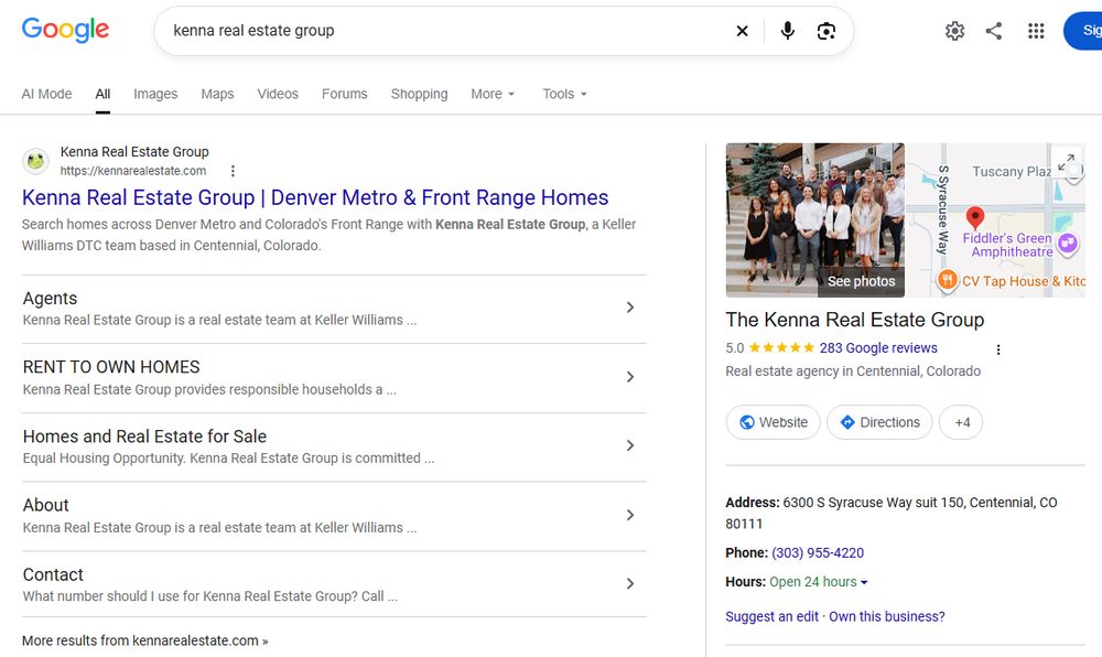 Google search for kenna real estate group: number one result with a five-star business panel